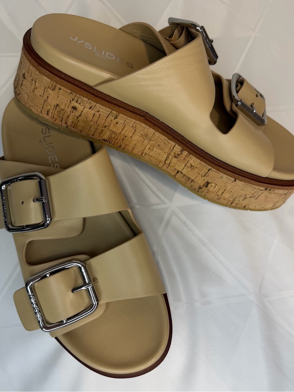 J/SLIDES BELINDA Sand Leather Adjustable Metallic Buckles wedge Sandals Size 7M